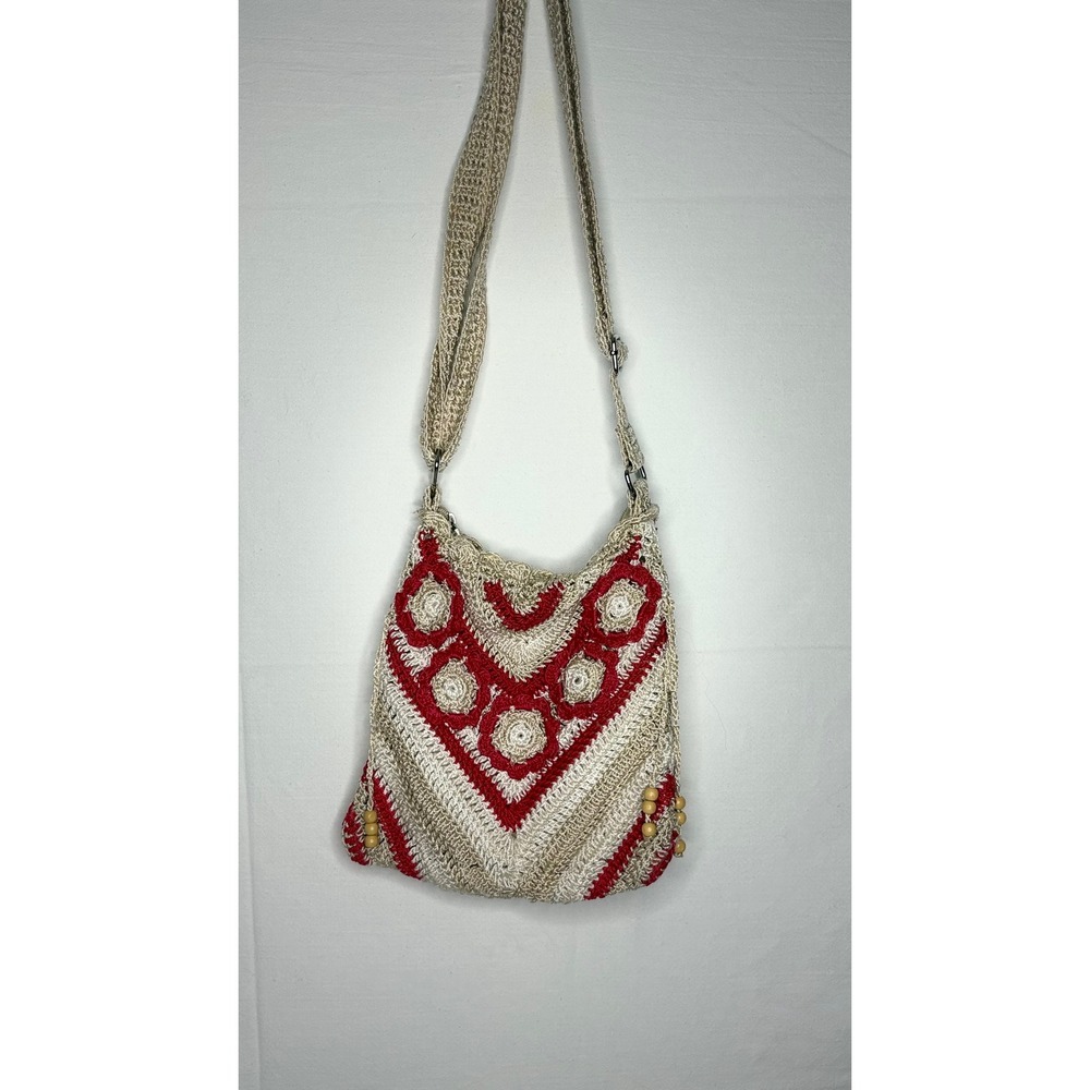 Boho Crochet Crossbody Bag Cream Red Chevron Floral Wood Beads Festival Hippie